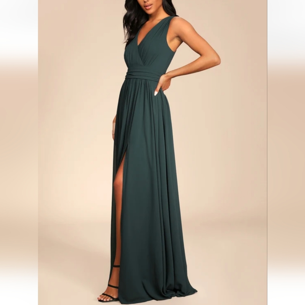Lulus NWT Thoughts of Hue Emerald Green Surplice Maxi Dress Size L - Picture 3 of 8